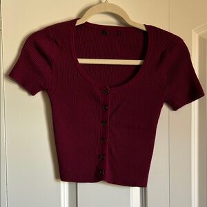Women's Burgundy Button-Up Ribbed Top
